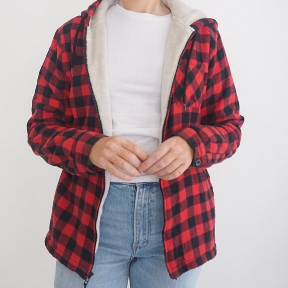 Tough Duck Red Black Buffalo Plaid Teddy Lined Outdoor Hooded Zip Up Sweater M - Picture 2 of 12